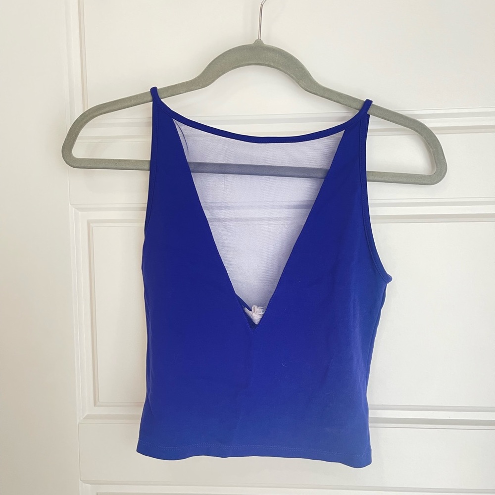Blue Mesh V-Neck Crop Top by Silence and Noise